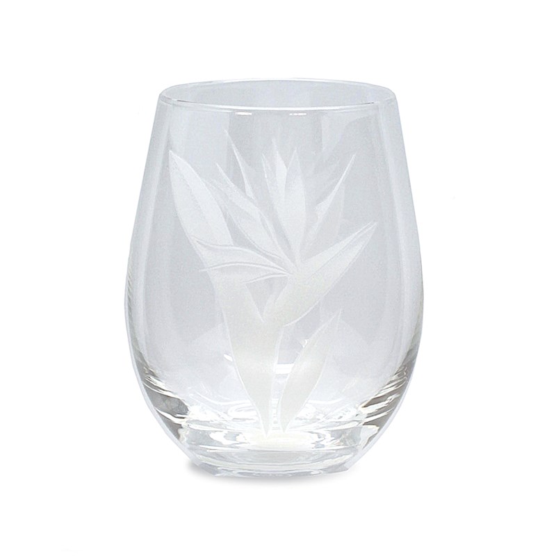 Etched Stemless Wine Glass, Bird of Paradise (Set of 4)