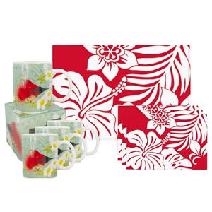 Red Hibiscus Placemats & Mugs Set