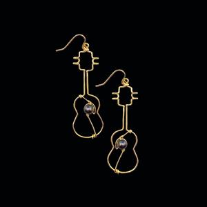 Gold Ukulele Earrings with Black Pearls