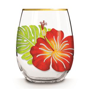 Stemless Wine Glass, Floral Monstera