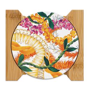 4-Pack Round Coasters with Bamboo Caddy, Leis of Aloha