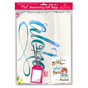 Foil Drawstring Gift Bags LG 3-pk, Aloha Floral
