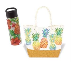 Watercolor Pineapple Tote with Flask Set