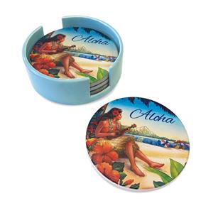 Vintage Hawaii, Coaster 4-Pack with Ceramic Caddy